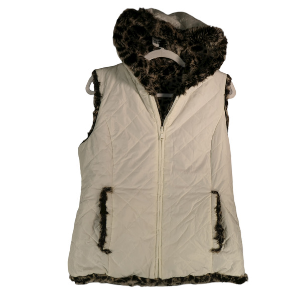 Kristen Blake Ivory Faux Fur Reversible Quilted Vest Womens sz S Leopard Pockets - Picture 1 of 7